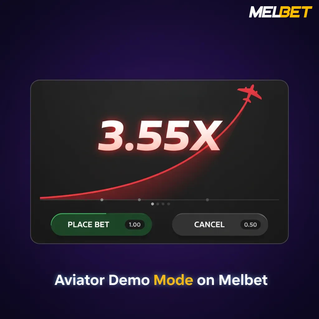 Melbet Aviator demo screen with red plane, rising multiplier, virtual balance, auto-bet, auto cash out, and two-bet options.