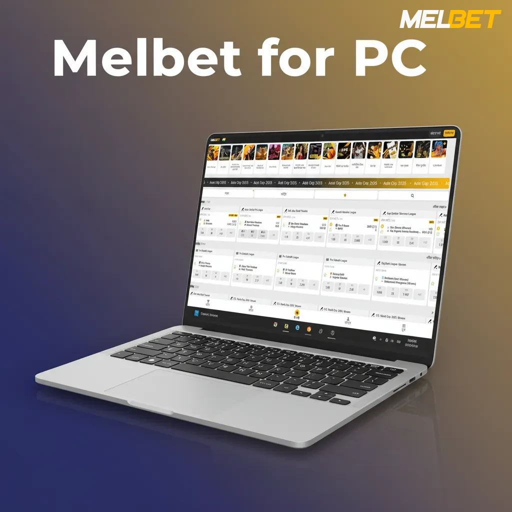 Melbet website open on a PC browser, showing login, registration, and a desktop shortcut install option.