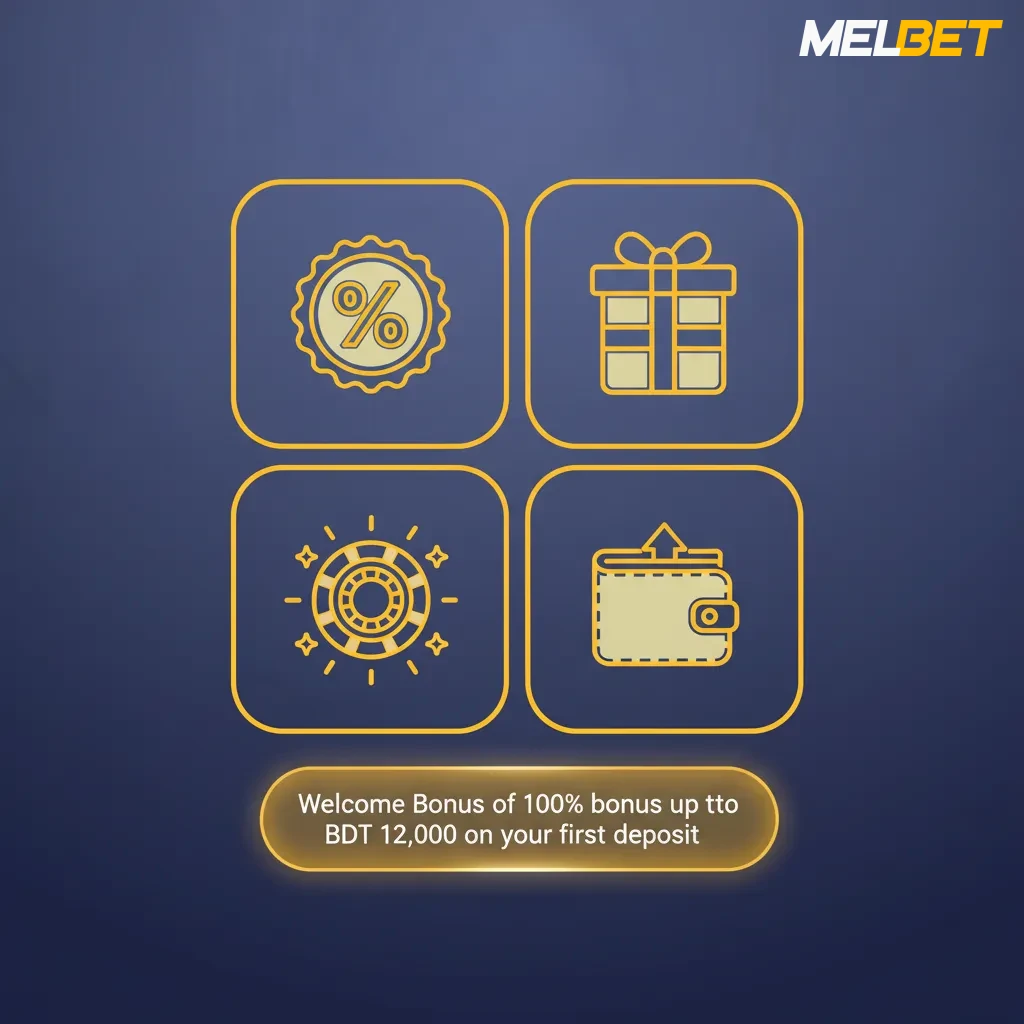 Melbet casino welcome bonus banner: 100% up to BDT 12,000 on first deposit, min BDT 500, 35x wagering.