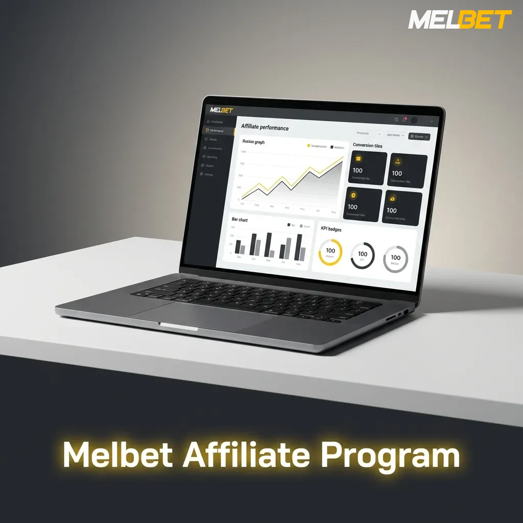 Banner for Melbet Affiliate Program promoting commissions, tracked referrals, detailed stats, regular payouts, and manager support