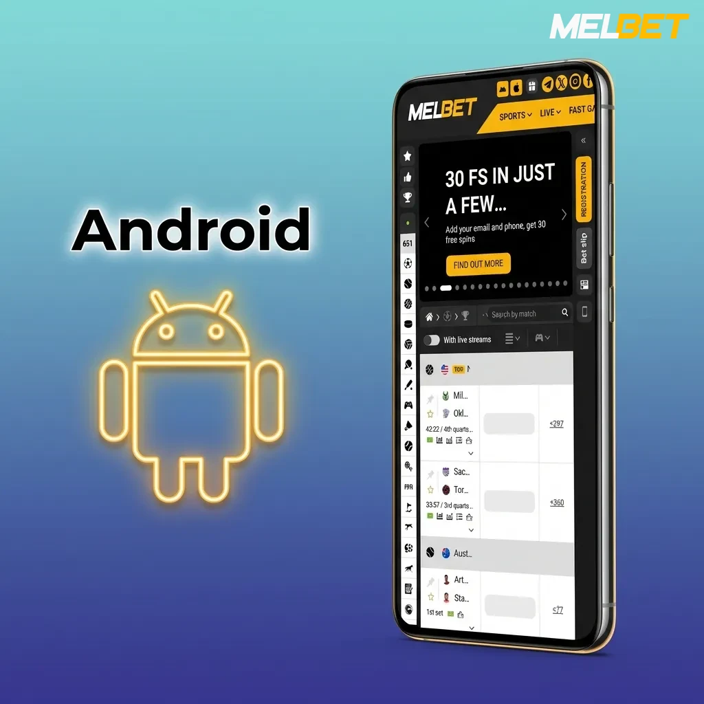 Smartphone showing Melbet India Android app download and installation steps with betting interface on screen