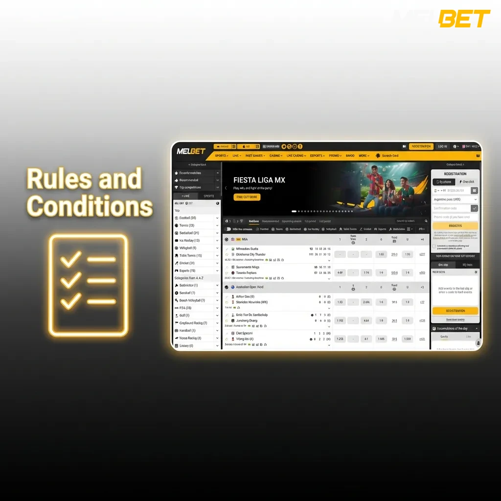 Illustrated rules panel highlighting age 18+, KYC verification, one account limit, bonus wagering terms, and fraud penalties