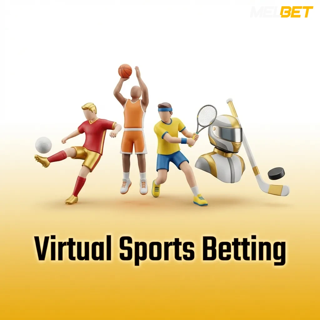 Illustration of Melbet virtual sports betting with animated matches, stats, and betting options for football, cricket, horses, and greyhounds