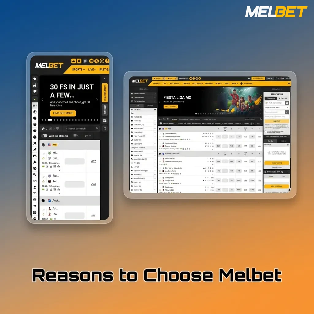 Graphic titled “Reasons to Choose Melbet” listing Indian sports, UPI payments, high odds, India bonuses, and mobile betting.